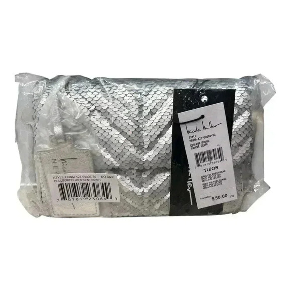 Nicole Miller Silver Sequin Crossbody Bag Chain Strap Convertible Clutch NWT - Picture 4 of 6